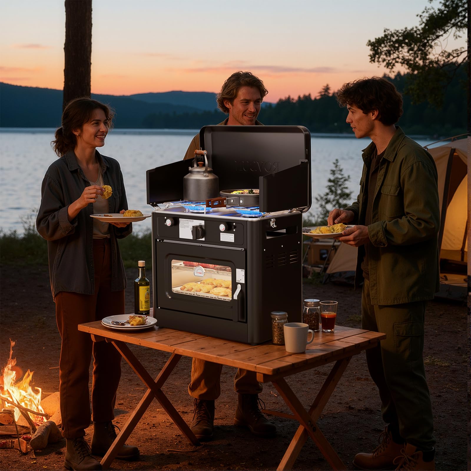ROVSUN 2-in-1 lid-as-windshield helps protect flame while cooking outdoors.