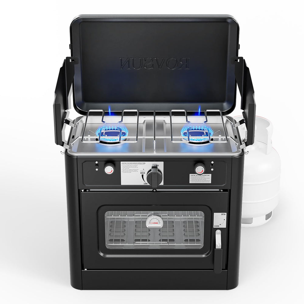 ROVSUN 2-in-1 portable stove-oven front view for outdoor cooking versatility.