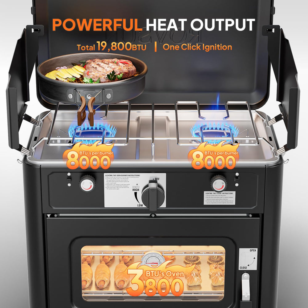 ROVSUN 2-in-1 stove-side angle shows dual burners and compact design for camping.