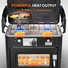 ROVSUN 2-in-1 stove-side angle shows dual burners and compact design for camping.