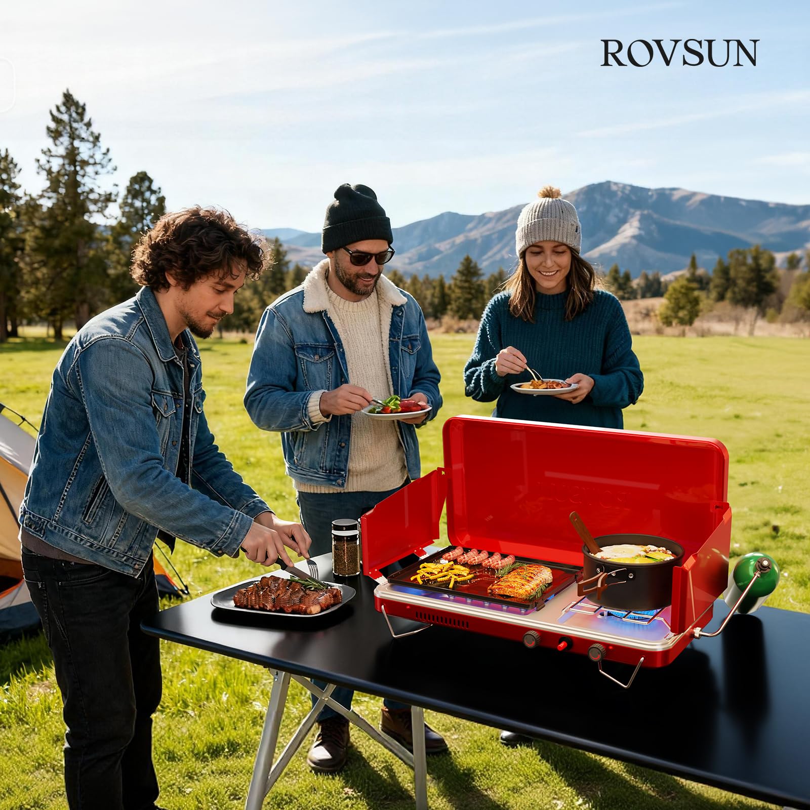ROVSUN red camping stove in action during outdoor cooking.