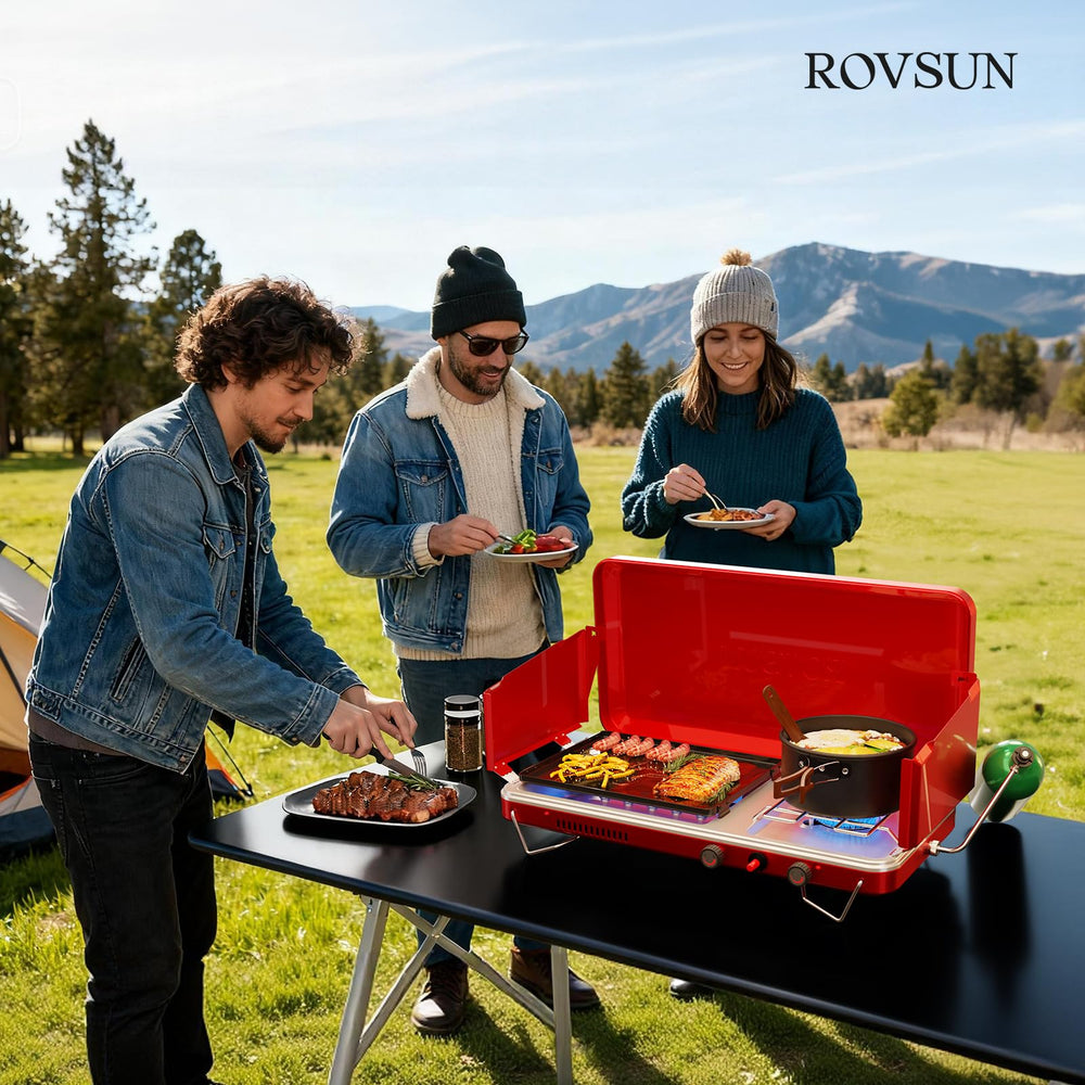 ROVSUN red camping stove in action during outdoor cooking.