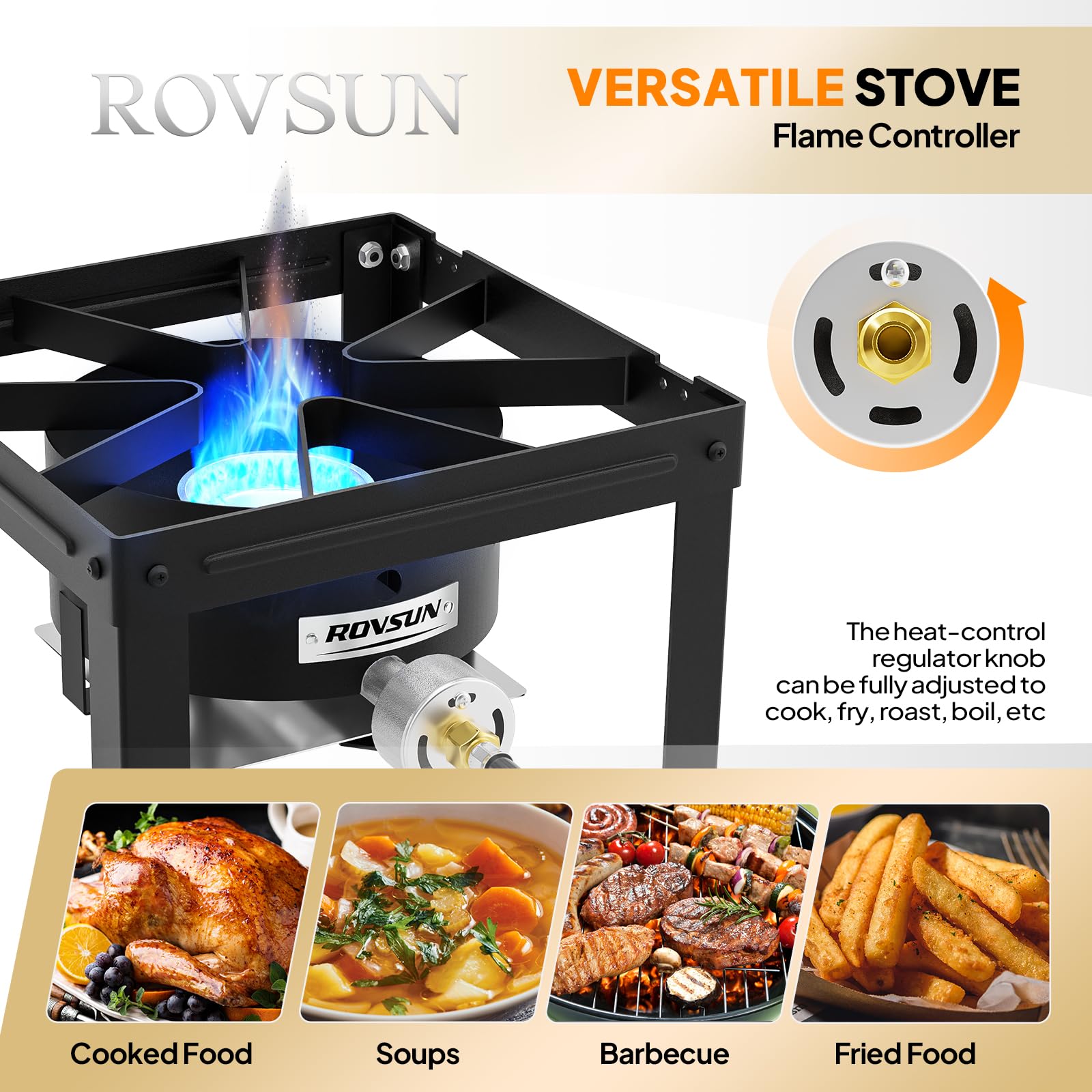 ROVSUN stove with foldable side rack for easy utensil storage.