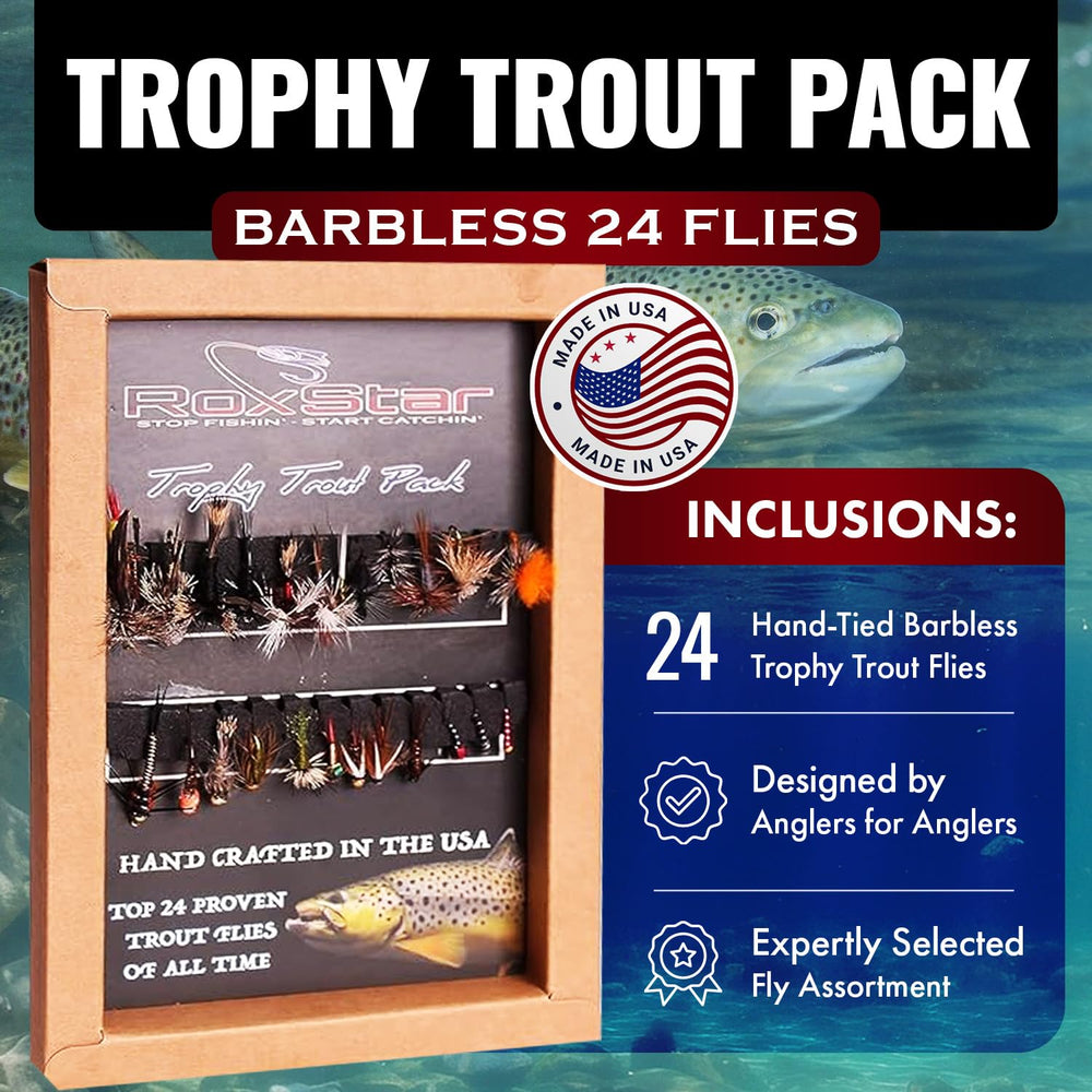 Dry fly patterns included in RoxStar Barbless 24pk