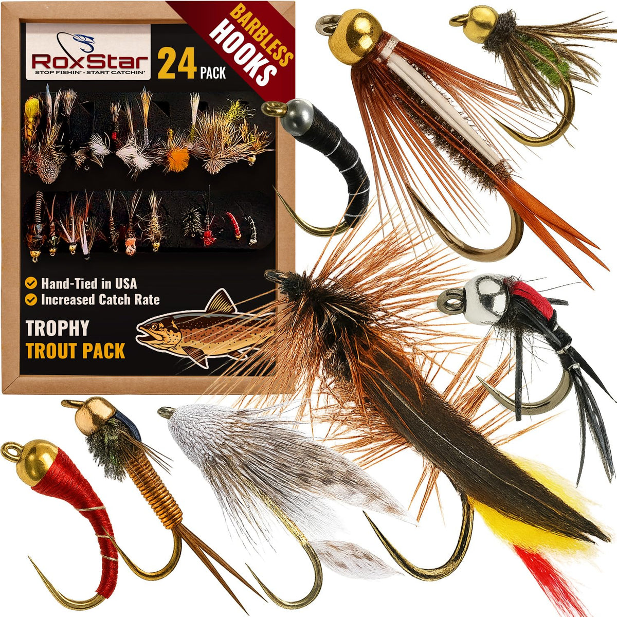 RoxStar 24-pack barbless trout fly assortment – emergers, dries, and wets