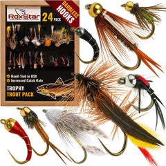 RoxStar 24-pack barbless trout fly assortment – emergers, dries, and wets
