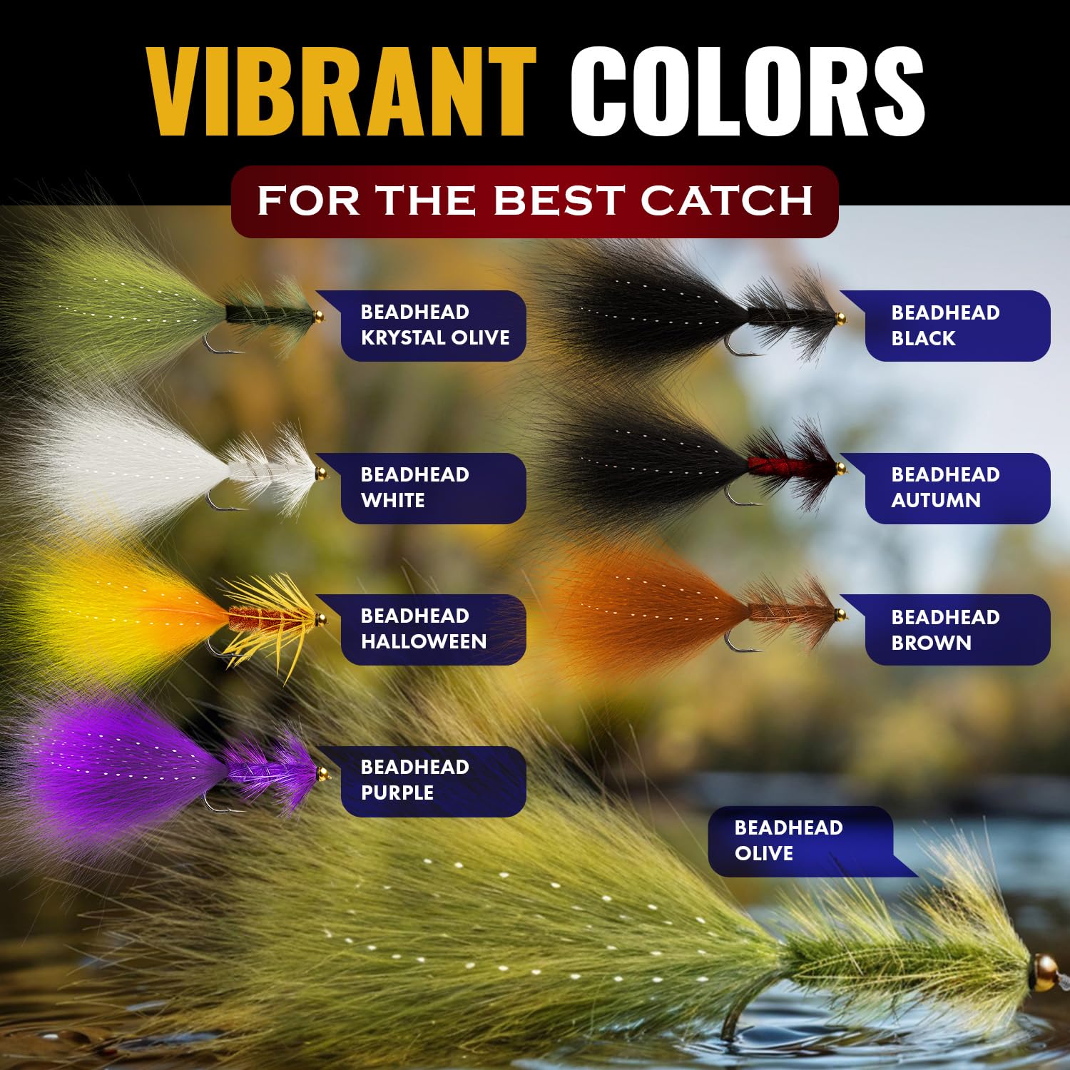 RoxStar Lures color-variety olive-black-autumn flies for adaptable water conditions