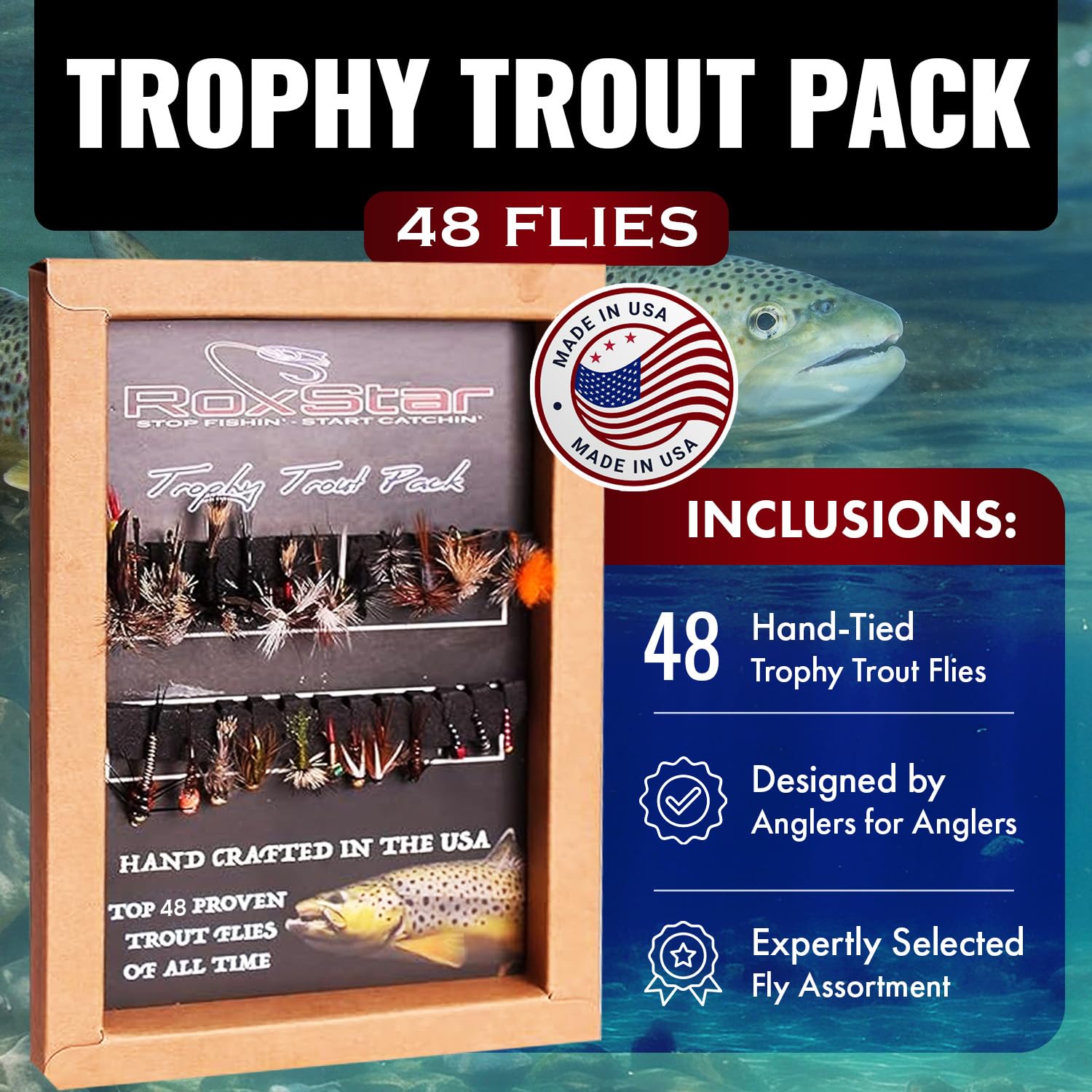 Close-up of dry fly patterns from RoxStar Trophy Trout Flies 48pk