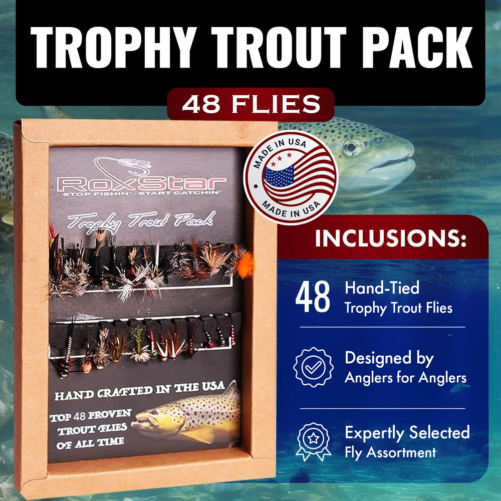 Close-up of dry fly patterns from RoxStar Trophy Trout Flies 48pk