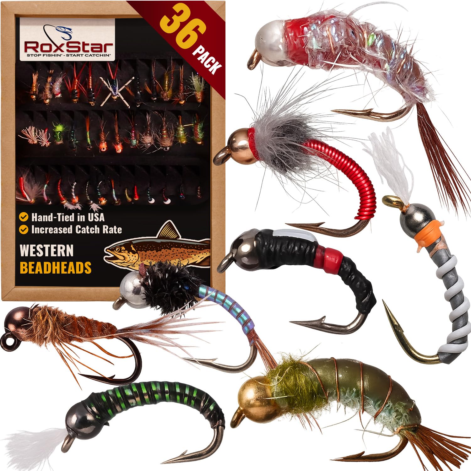 RoxStar 36-pack beadhead tungsten and brass fly assortment box front view