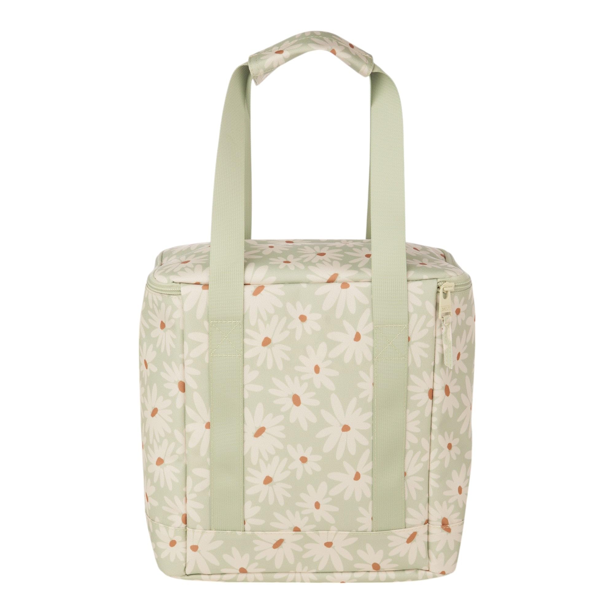 Close-up of eco-friendly recycled polyester material on the Roxy cooler bag.