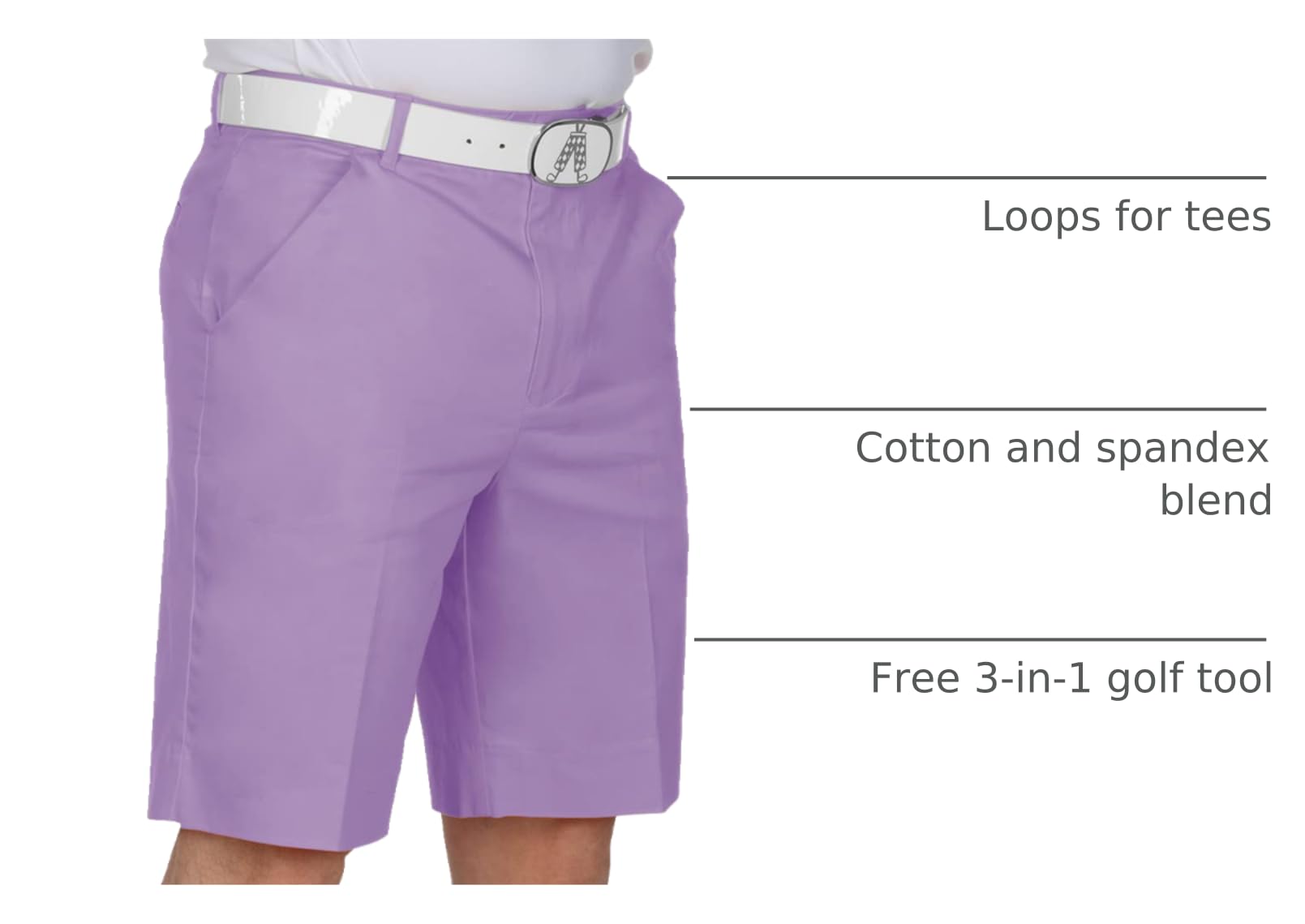 Royal & Awesome golf shorts showing the built‑in free 3‑in‑1 tool for quick on‑course tasks.