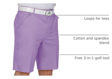 Royal & Awesome golf shorts showing the built‑in free 3‑in‑1 tool for quick on‑course tasks.