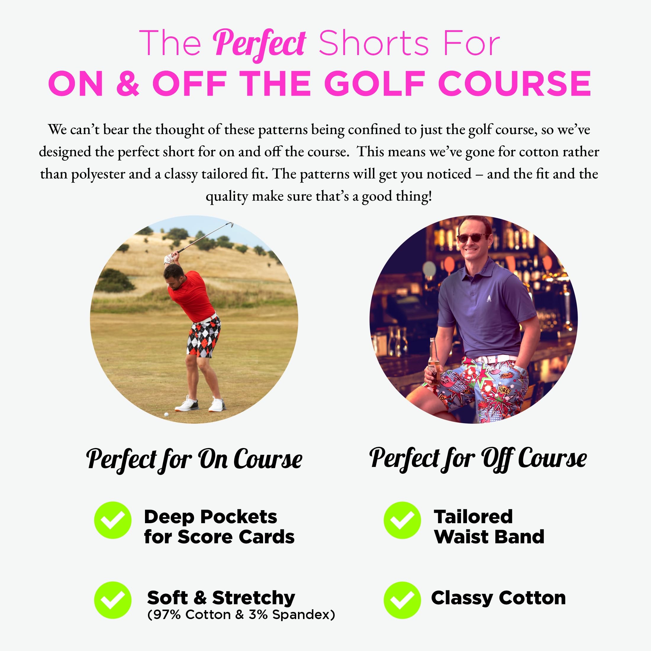 Royal & Awesome golf shorts on the course demonstrating deep pockets and practical on‑course use.
