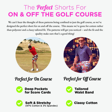Royal & Awesome golf shorts on the course demonstrating deep pockets and practical on‑course use.