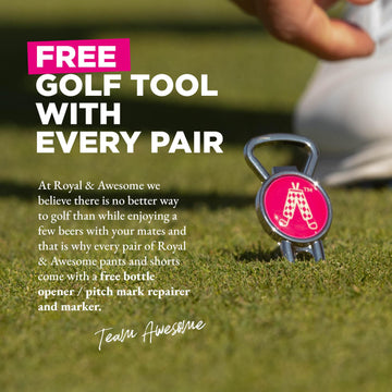 Royal & Awesome golf shorts feature tee loops for easy tee storage during play.