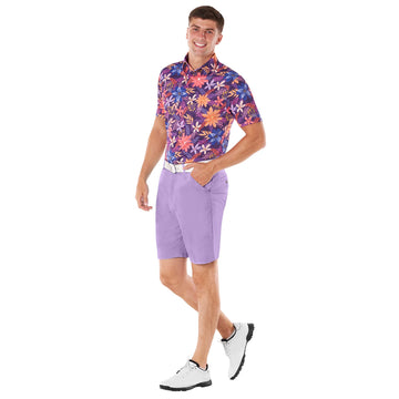 Royal & Awesome pastel purple golf shorts worn on course illustrating comfortable stretch and all‑day wear.