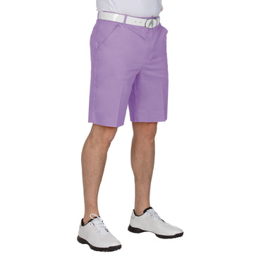 Royal & Awesome pastel purple golf shorts front view showing slim fit and bold color for on‑course style.