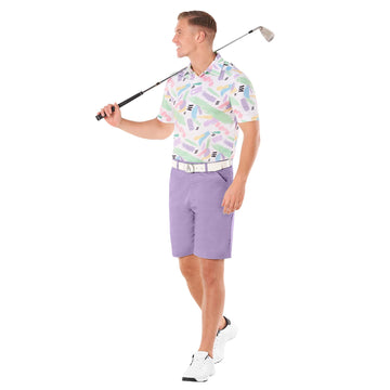 Royal & Awesome pastel purple golf shorts side pocket detail highlighting deep pockets for scorecards and reload balls.