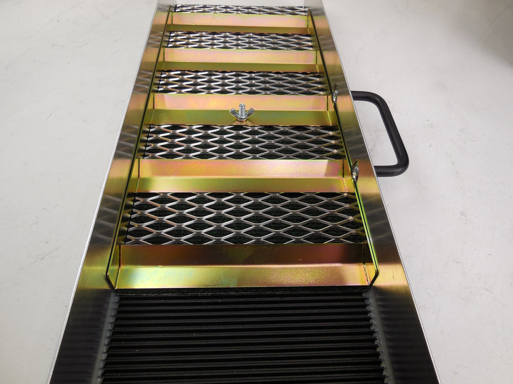 Royal Compact 24 Mini Sluice Box riffles closeup highlights laser-cut zinc-plated steel details.