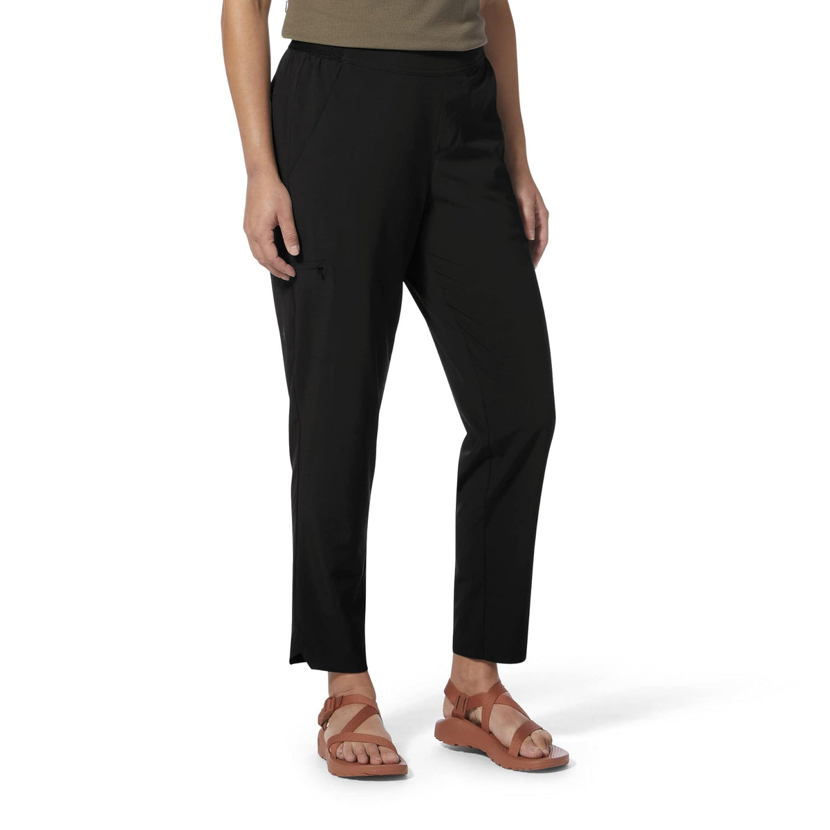 Royal Robbins Spotless Evolution pants jet black front view, emphasizes four-way stretch and stain resistance