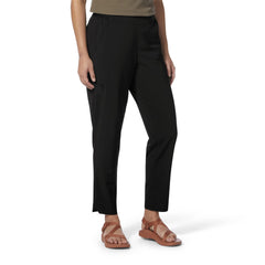 Royal Robbins Spotless Evolution pants jet black front view, emphasizes four-way stretch and stain resistance