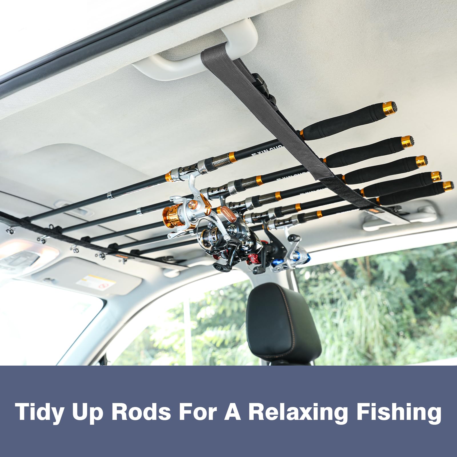 Close-up of 5-slot fishing rod holder with dual buckles