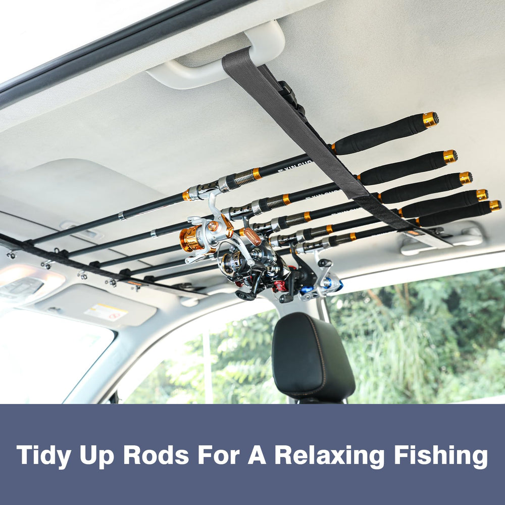 Close-up of 5-slot fishing rod holder with dual buckles