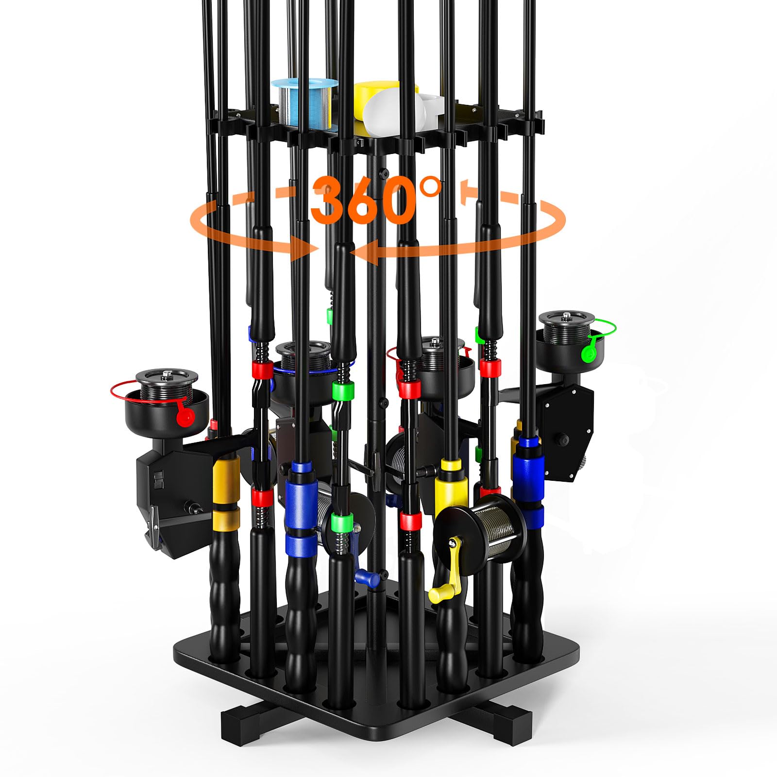 Roylvan 360-degree rotating fishing rod holder mounted in a garage