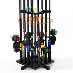Roylvan 360-degree rotating fishing rod holder mounted in a garage