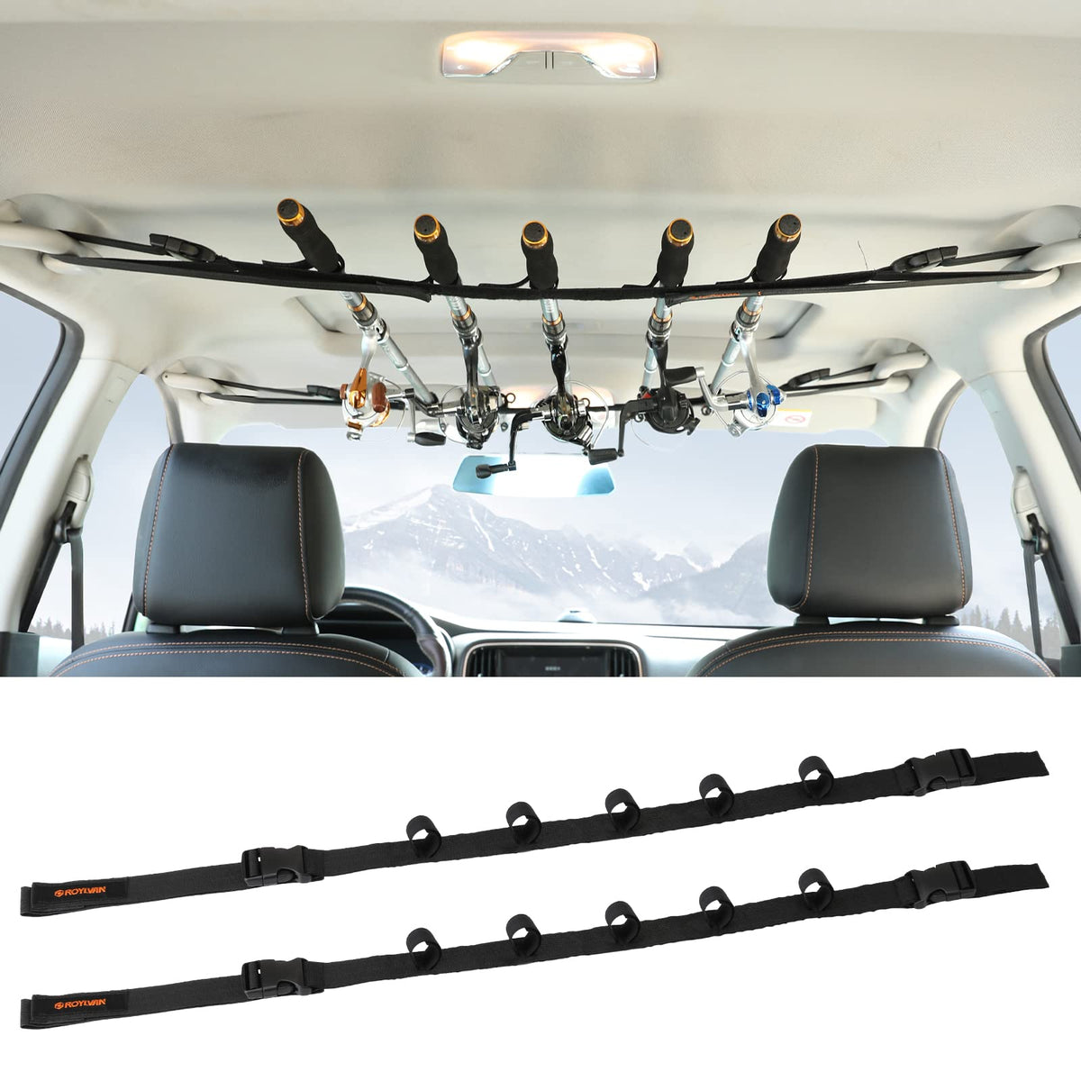 Roylvan 2-Pack Vehicle Fishing Rod Holder on car roof with 5-slot rack
