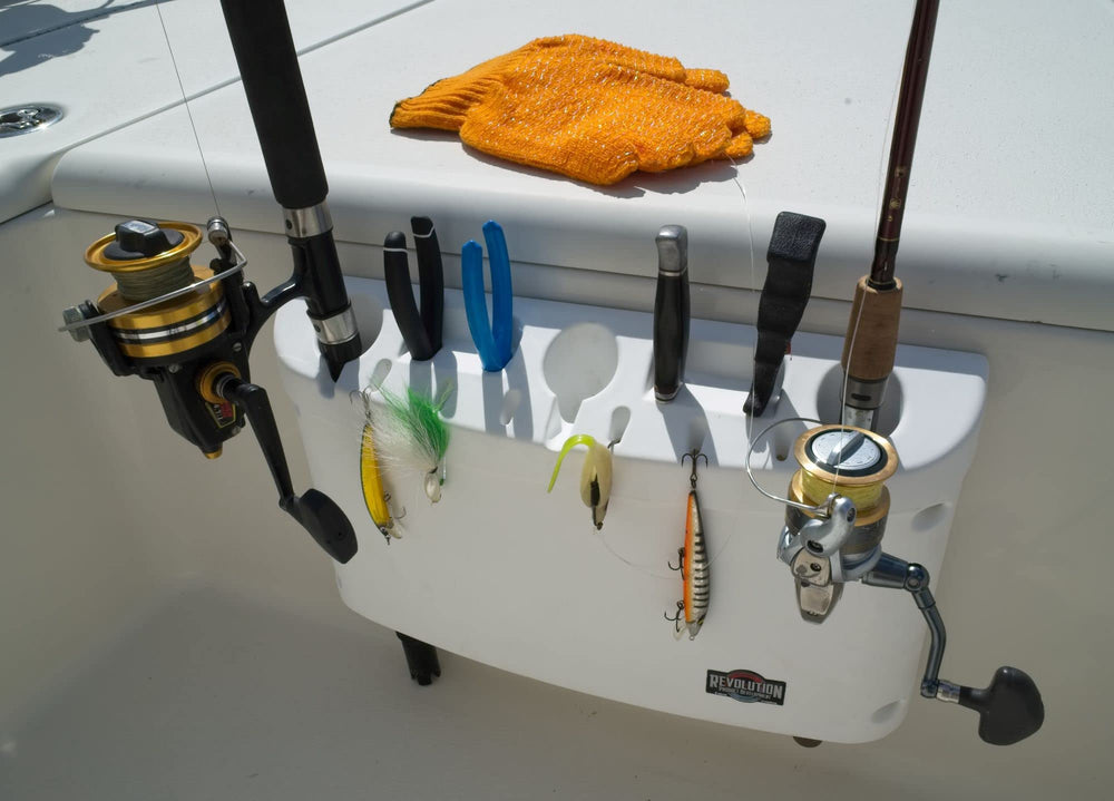 Storage area in the RPD Pro Series Rod Holder with rods and tools