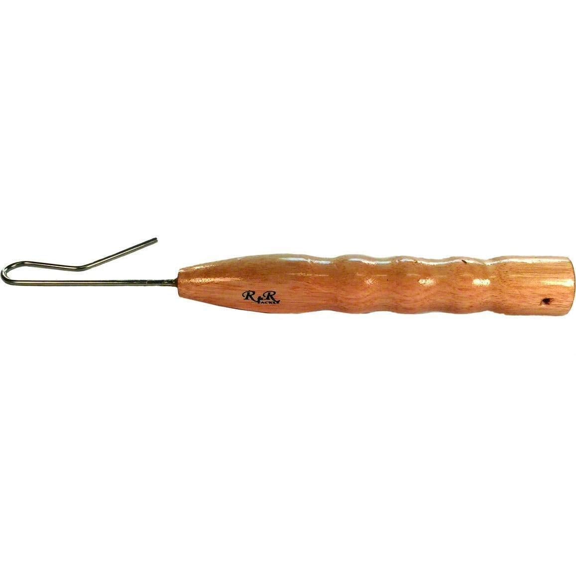 R&R Tackle MDH dehooker, front view; wooden handle and stainless hook for safe bait release.