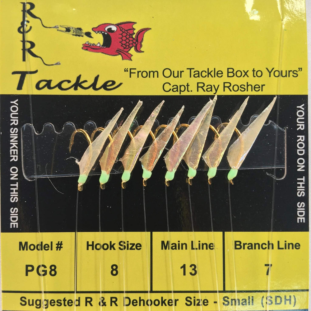 R&R Tackle PG-8 Sabiki Rig with eight gold-headed hooks for pilchards.