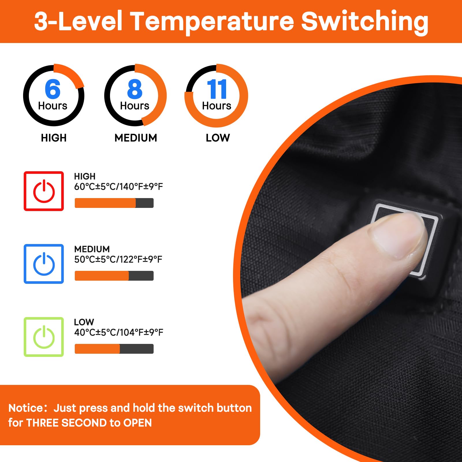 Rrtizan heated hand warmer pouch heat levels close-up displaying three warmth settings.