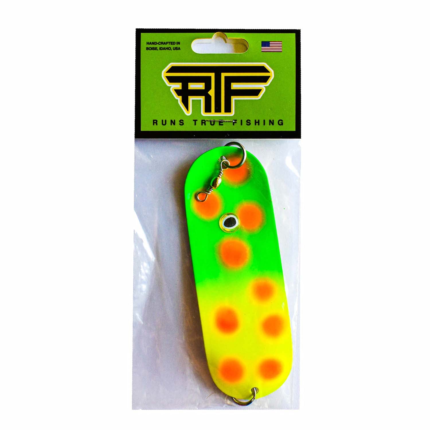 RTF Dakota Dodger 4.5 inch with green yellow red dots boosts Kokanee and Trout visibility.