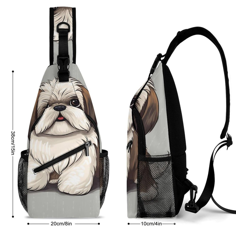 RTFGHJS Shih Tzu sling bag shown in three wearing styles for versatility