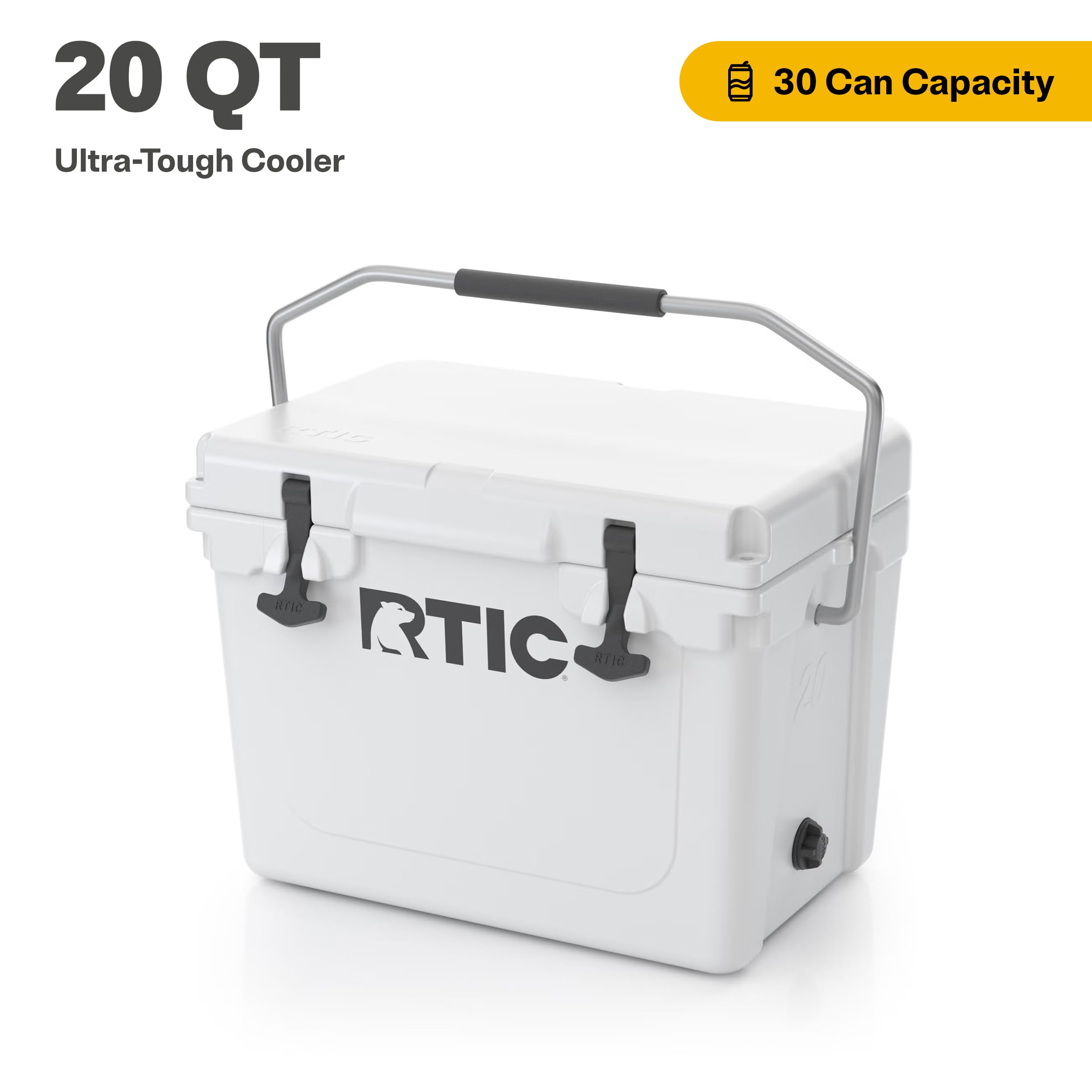 RTIC 20QT Ultra-Tough cooler with lid open ready to store drinks on the go