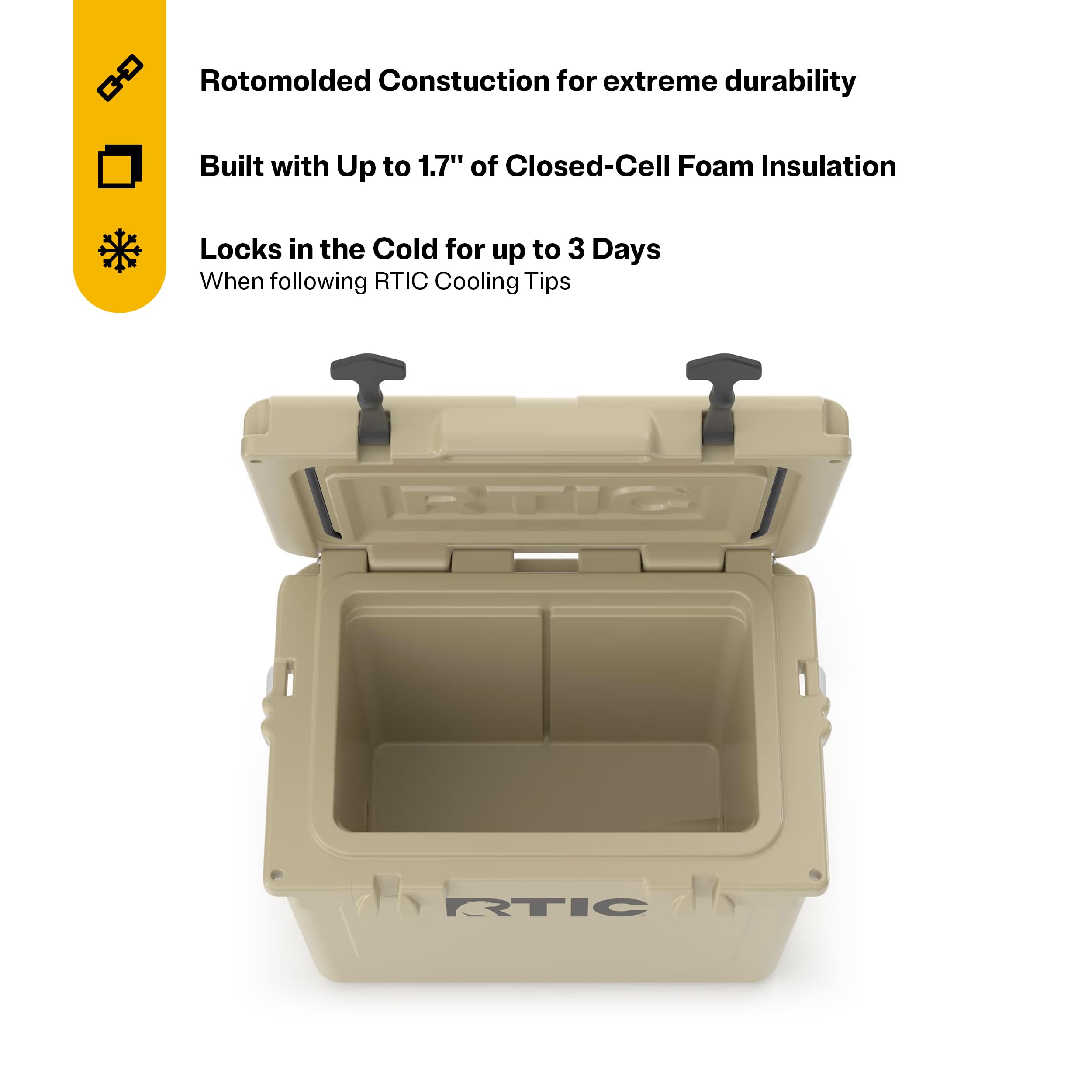 RTIC 20 QT Ultra-Tough cooler, open lid, showcases accessible interior for quick access.
