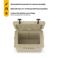 RTIC 20 QT Ultra-Tough cooler, open lid, showcases accessible interior for quick access.