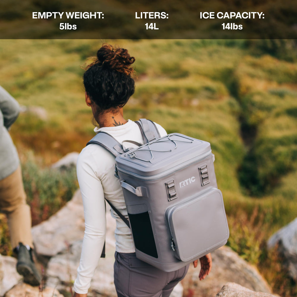 RTIC 24-can backpack cooler shows dimensions for planning trips.