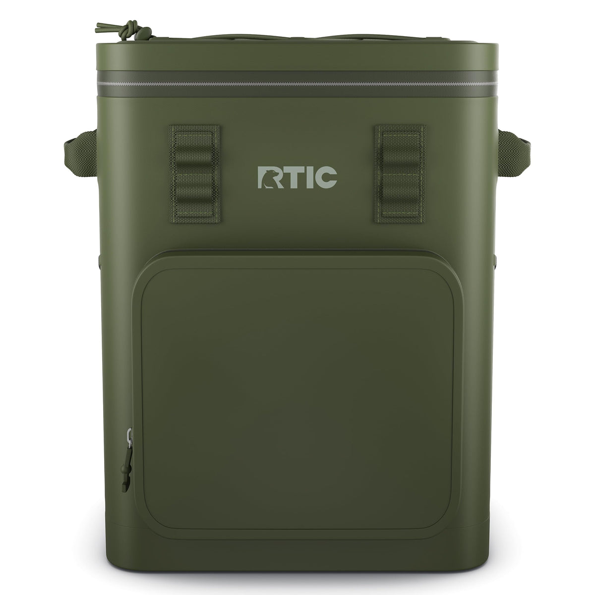 RTIC 24-Can Ultra-Tough Backpack Cooler Olive, front view, keeps beverages organized for outdoor adventures.