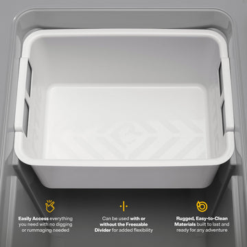 RTIC basket enhances organization and prevents clutter at tailgates.