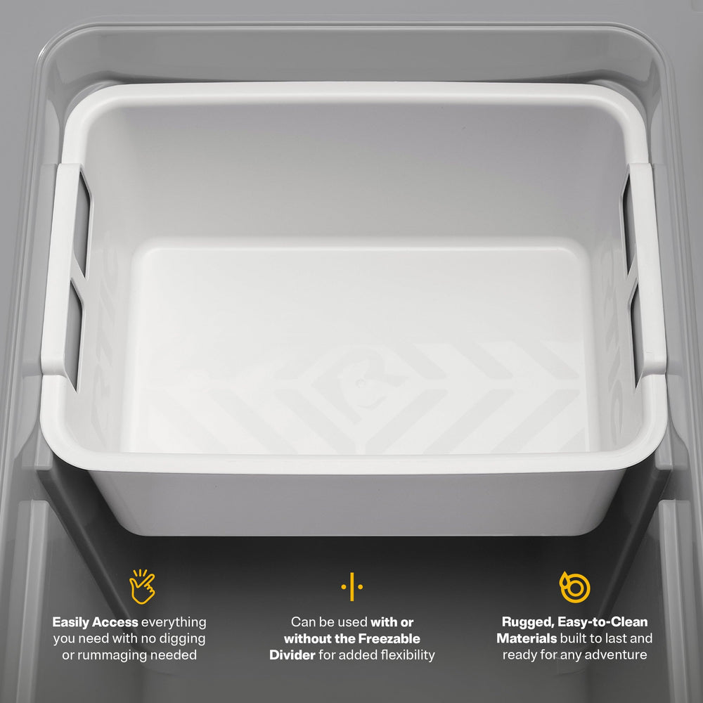 RTIC basket enhances organization and prevents clutter at tailgates.