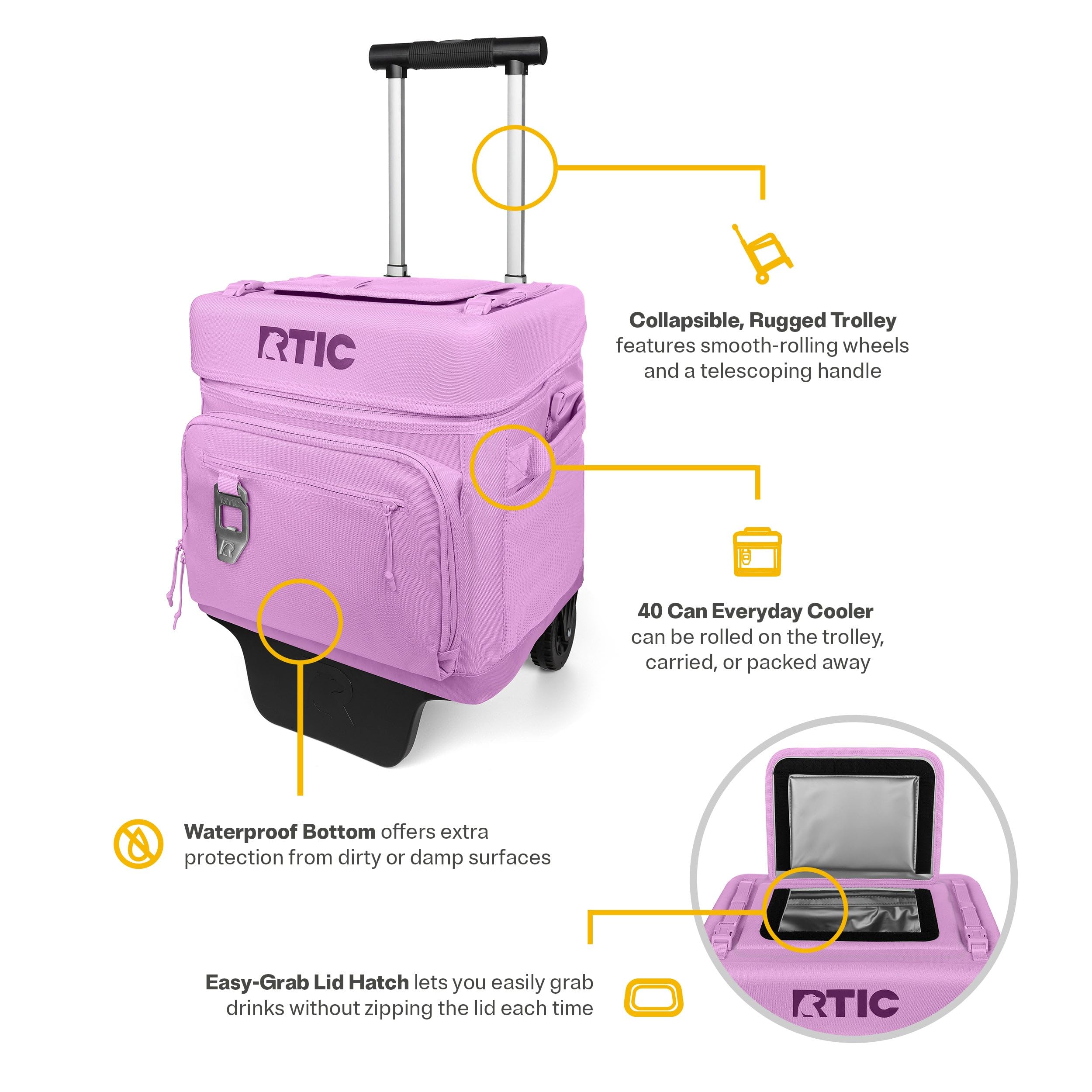 RTIC 40 Can wheeled cooler collapsible design saves space in storage or vehicles.