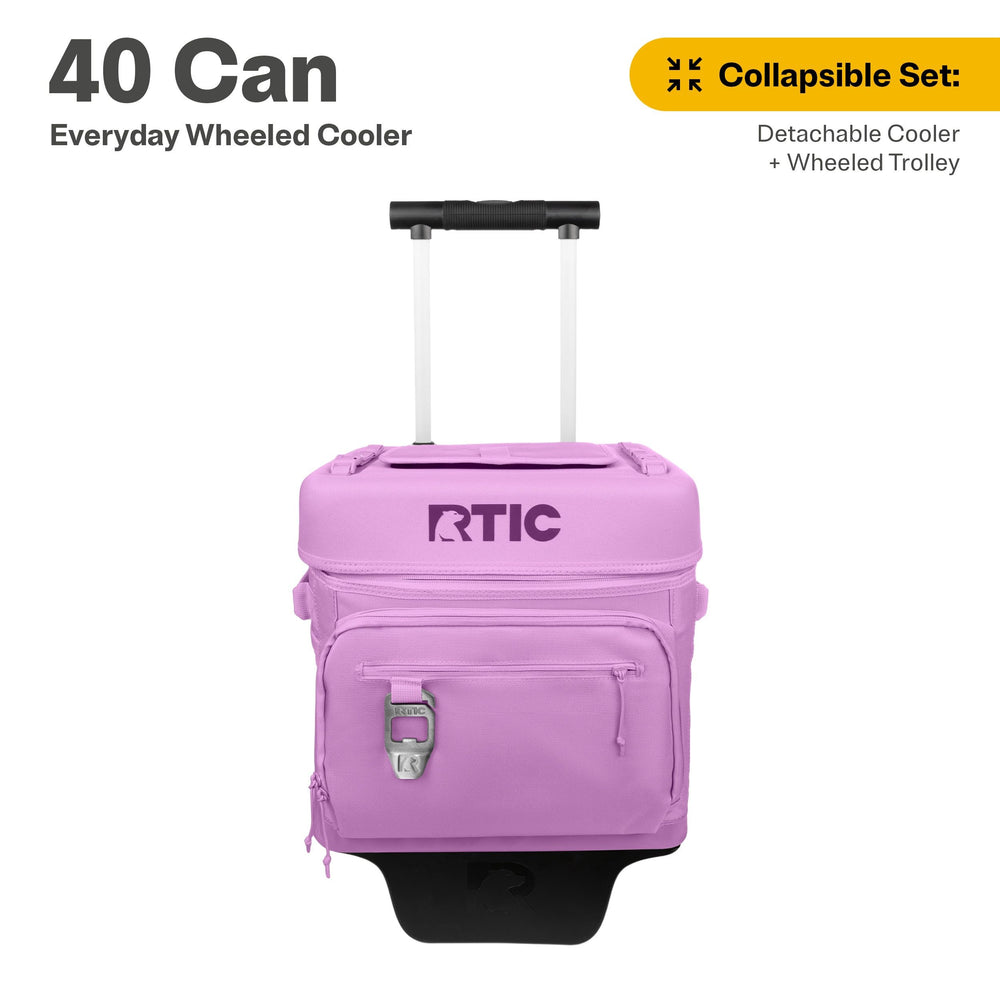 RTIC 40 Can wheeled cooler showing its telescoping handle for effortless pulling.
