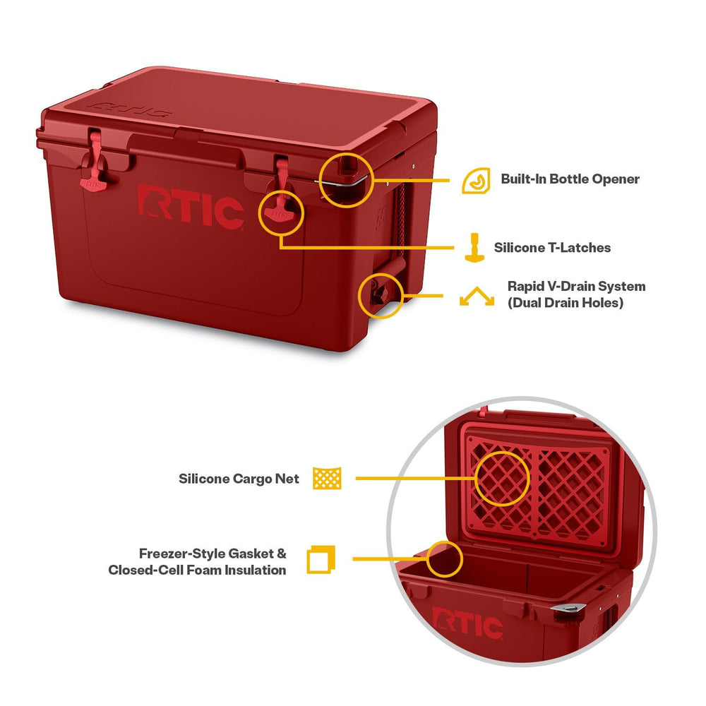 RTIC cooler features built-in bottle opener and lid cargo net for easy storage.