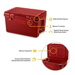 RTIC cooler features built-in bottle opener and lid cargo net for easy storage.