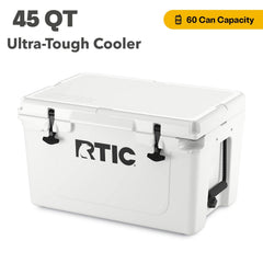 RTIC 45QT cooler insulation close-up highlights 2.8 inches of foam for long cold retention.