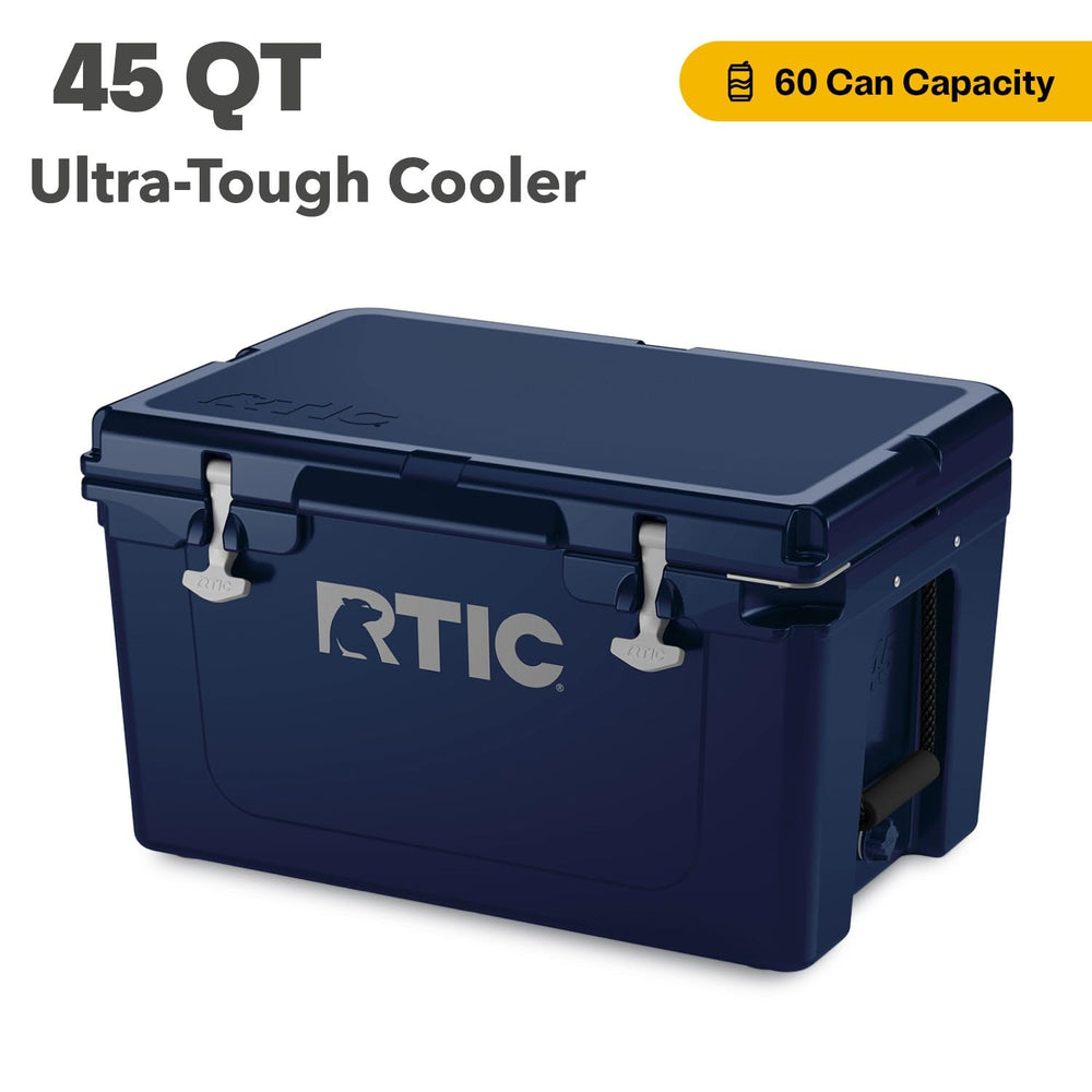 RTIC 45 QT Ultra-Tough Cooler lid open revealing built-in bottle opener and lid pocket